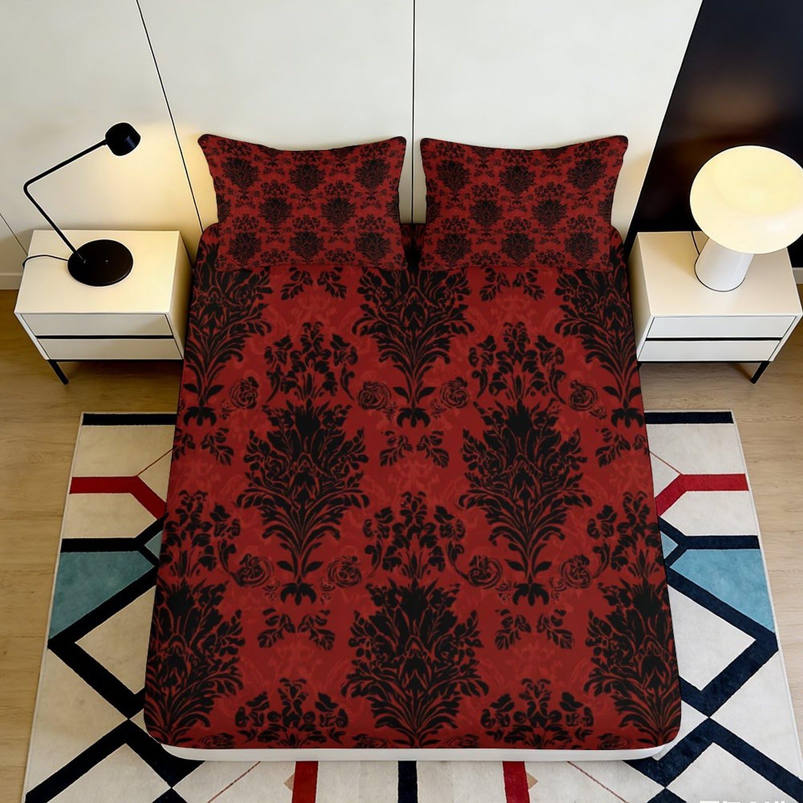 3D Printed Baroque Damask Fitted Sheet Microfiber Red Black Gothic Floral Mattress Cover Bedroom Decor 90x200x25cm