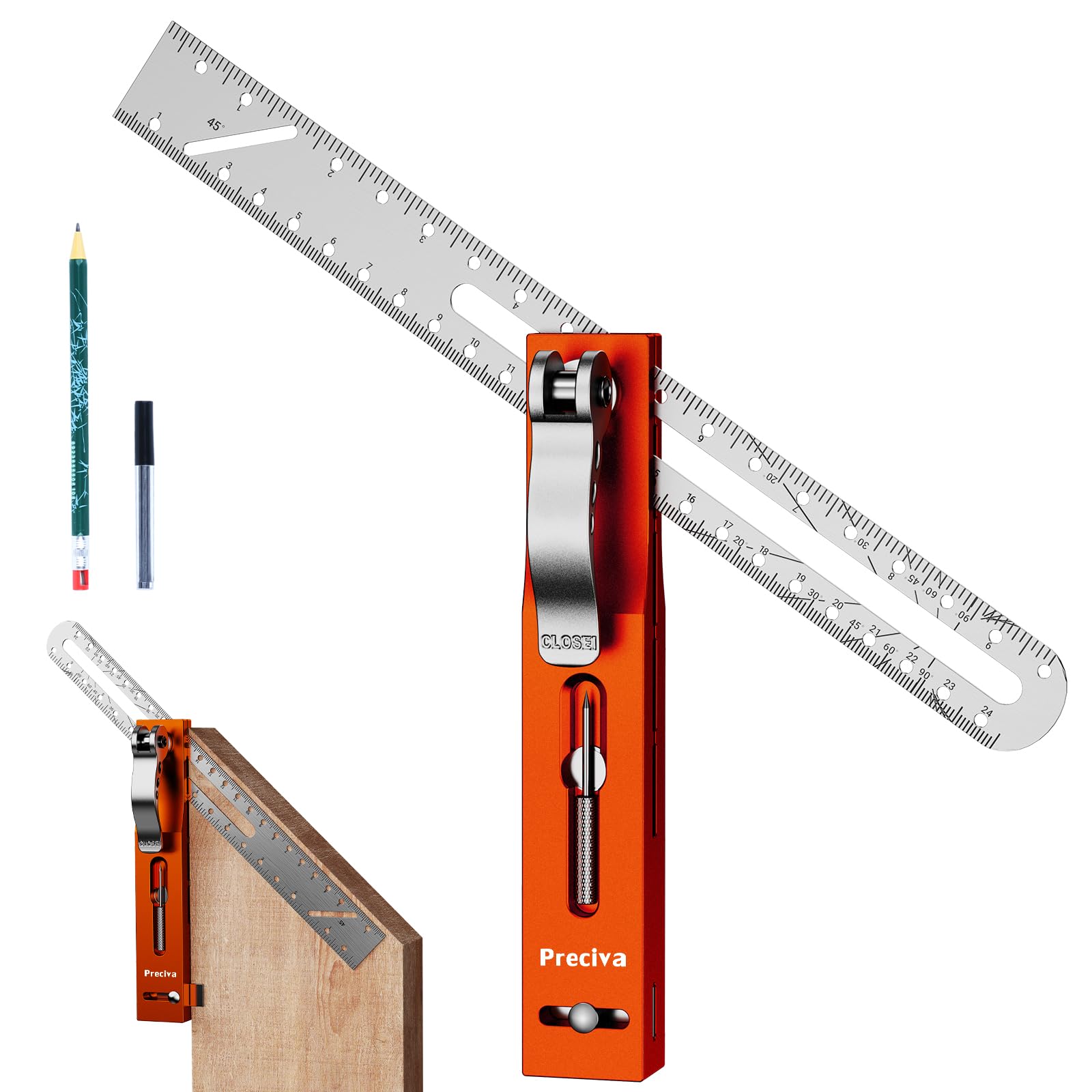 Preciva Speed Square 360°Rotatable, Aluminium Set Square with Scribing Pin & Retractable Arm, 5 Preset Angles, for Carpentry/Roofing/Woodworking, MM/IN Ruler, Pencil & Spare Leads (240mm / 9.45in)