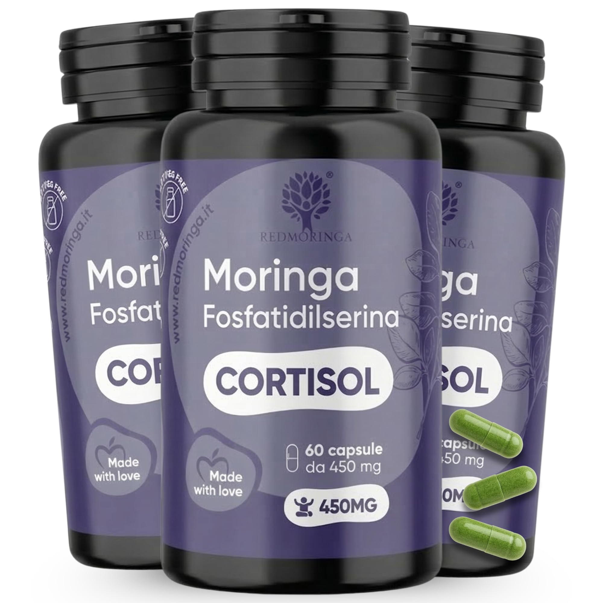 Fosfatidilserina 450mg potenziata con Moringa | Abbassa CORTISOLO, Utile per Stress, Metabolismo, Memoria e Concentrazione | Integratore Alimentare | 180 Capsule Naturali Made in Italy | RedMoringa