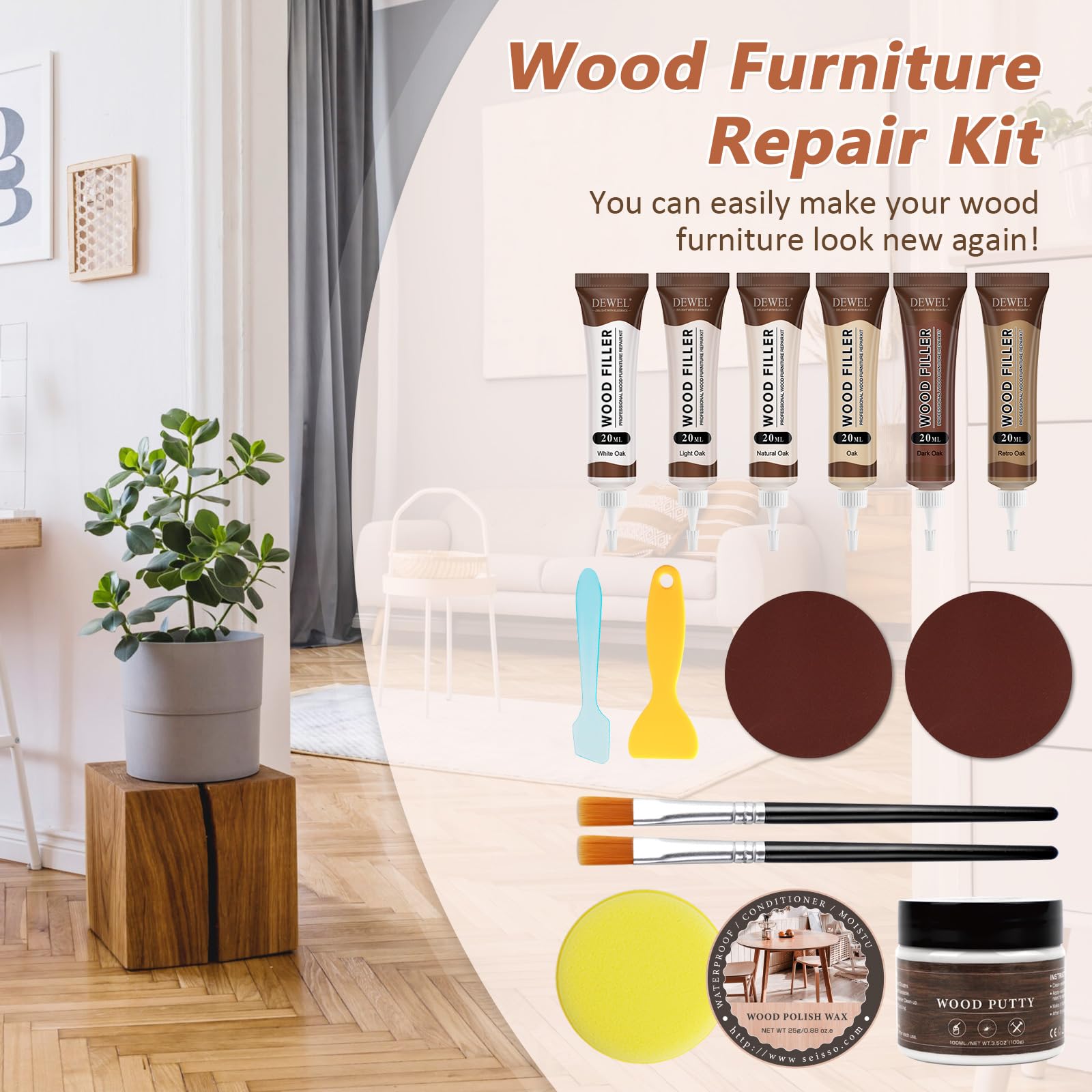 DEWEL Kit Riparazione Parquet, 6 Colori di Stucco Per Parquet, 100g di Stucco per Legno Bianco, Set di Riparazione in Laminato per Riparare Graffi e Fori nei Mobili in Legno (16 Pezzi)
