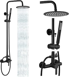 gotonovo Outdoor Shower Fixtures SUS304 Stainless Steel Rain Shower Kit Faucet High Pressure Wall Mount 2 Dual Function 8 Inch Showerhead and Handheld Spray Combo, Single Handle, Matte Black