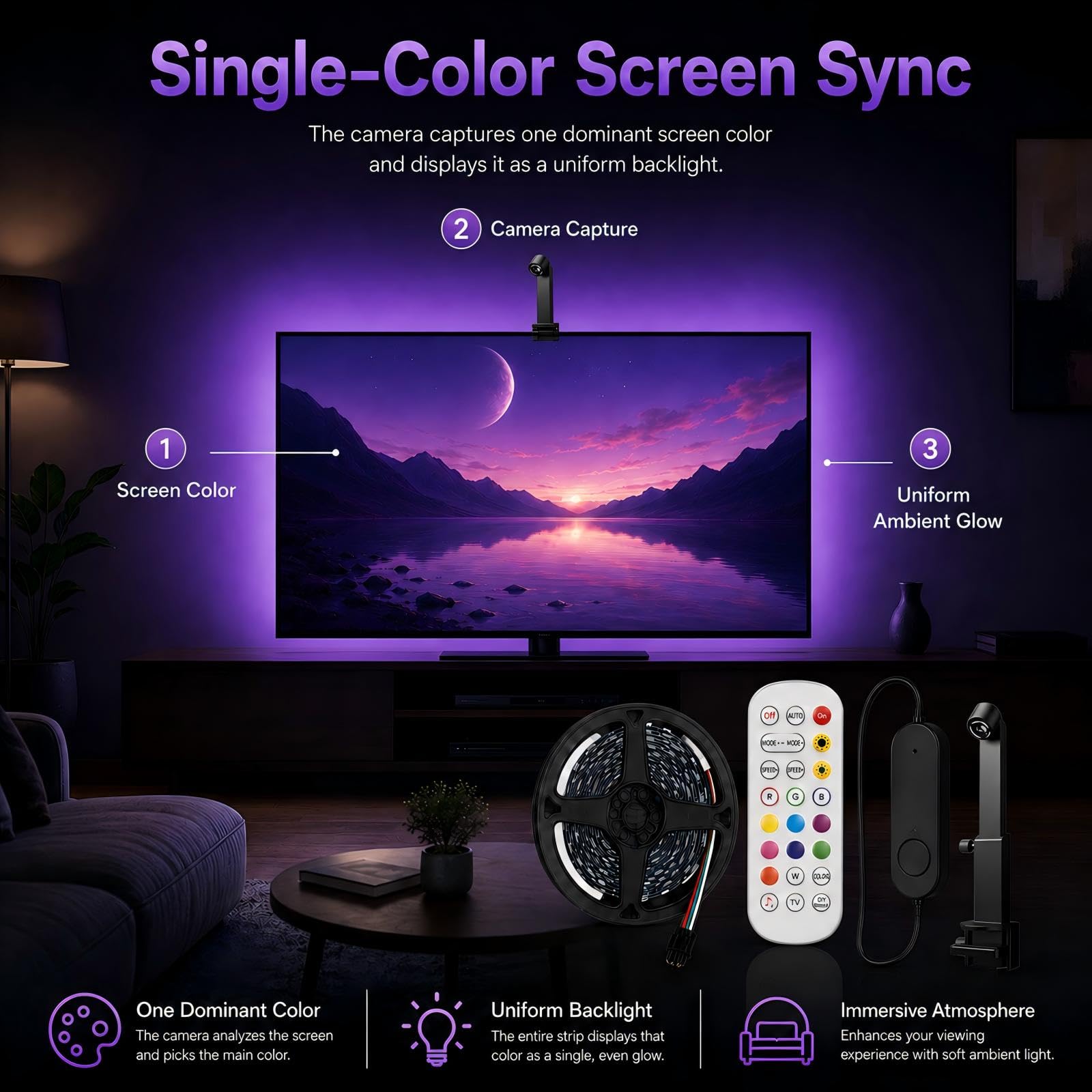 Ruban LED TV RGBIC 5 m, caméra de synchronisation, 70 à 85 pouces