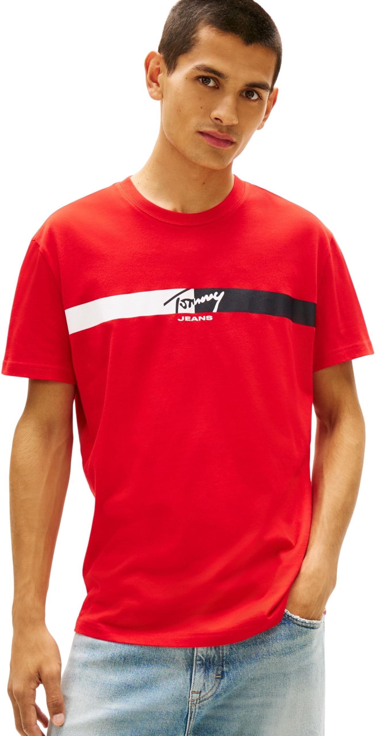 Tommy Jeans Men's TJM Reg Signature Stripe T Ext DM0DM22539 S/S T-Shirt, RED (Rapid Red), XXL