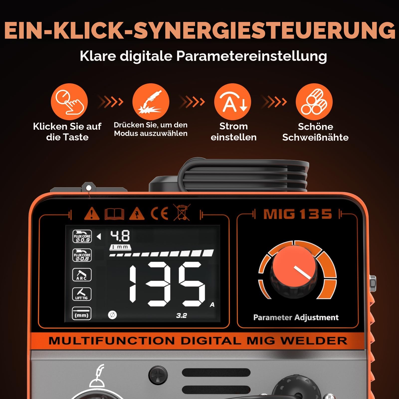 FEIFANKE MIG135 Fülldraht Schweißgerät Ohne Gas 135A 230V Synergie Elektroden Schweißgerät 3 in 1 MIG/ARC/Lift TIG IGBT Inverter Schweissgerät Mit 1.0mm Draht,MIG Schweißpistole