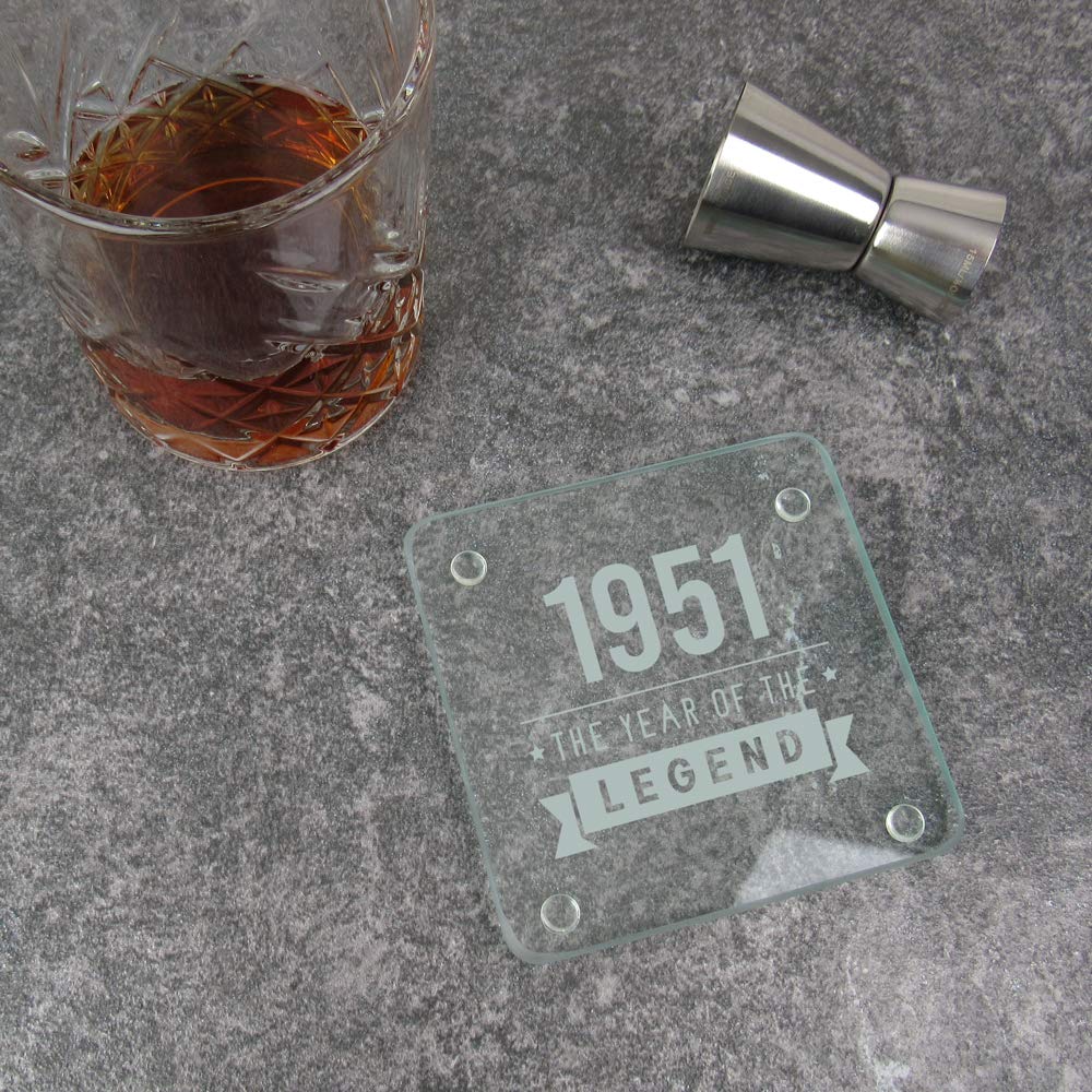 eBuyGB Drinks Mat, Placemat Engraved Square Coaster-1951 Year of The Legend Design-70th Birthday, Men-Seventieth Gift for Dad, Uncle, Brother, Glass