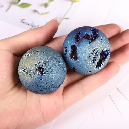 Miniatura 3 de Cheungshing Angel Aura - Esfera de geoda drusa de cuarzo con base de madera, esfera de ágata de cuarzo con revestimiento de titanio, estatua de