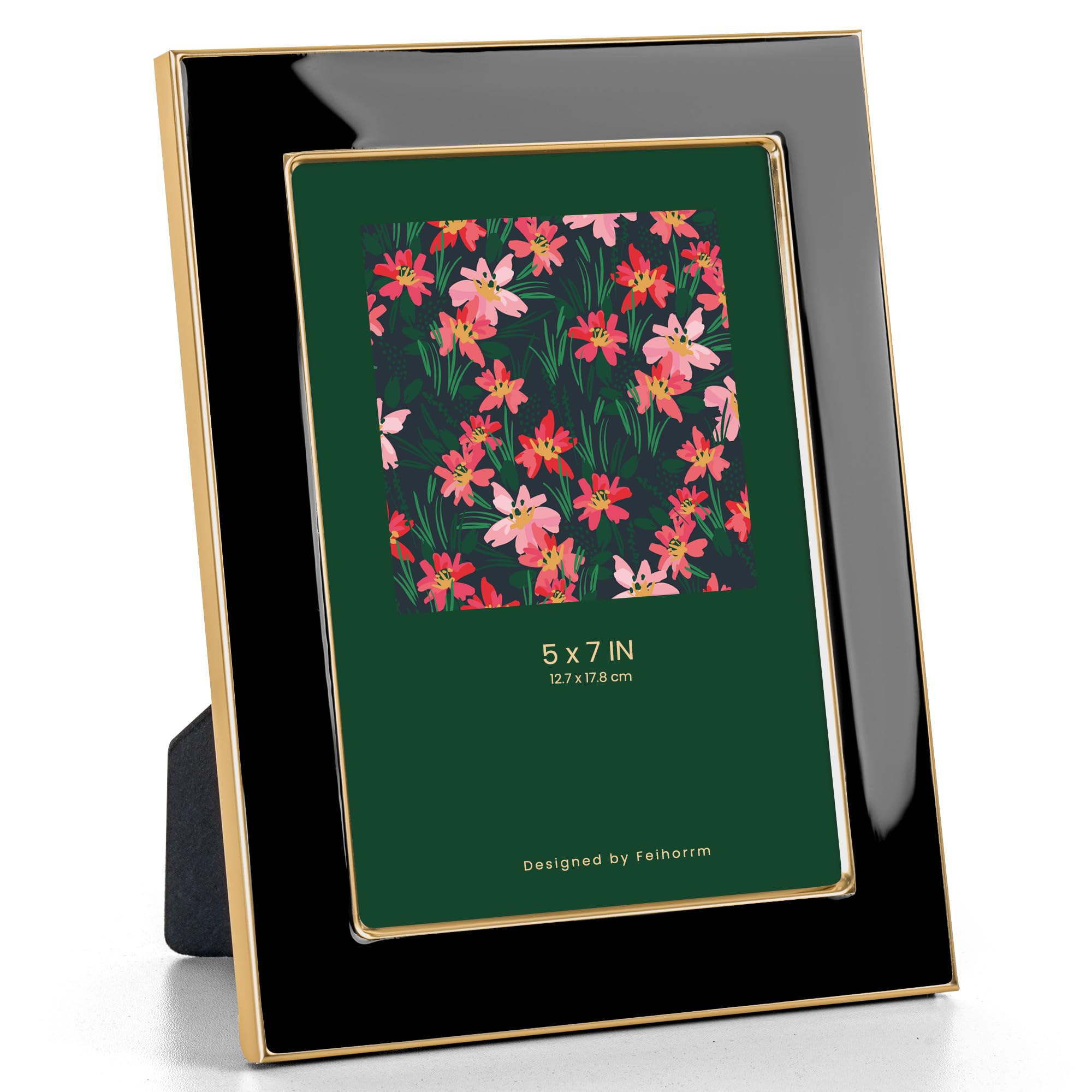 Feihorrm Photo Frame 7x5, Black Enamel Frame with Gold Metal Edge, HD Tempered Glass Picture Frame, Vertical & Horizontal Display, Tabletop & Wall Mount Decor — image 1
