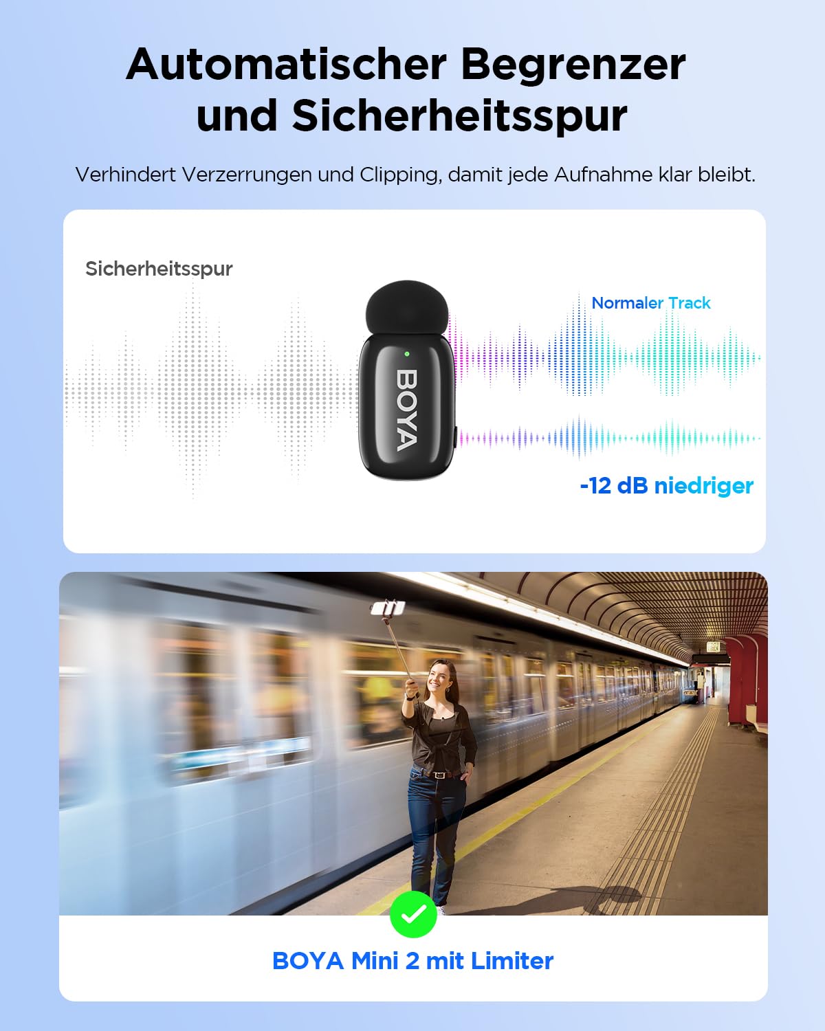 BOYA Mini 2 Mikrofon Handy, Wireless Lavalier Mikrofon für iPhone15/16/17 & Android USB-C, Ansteckmikrofone mit 48kHz/24Bit, App-Steuerung für Vlogging, TikTok Content Creator