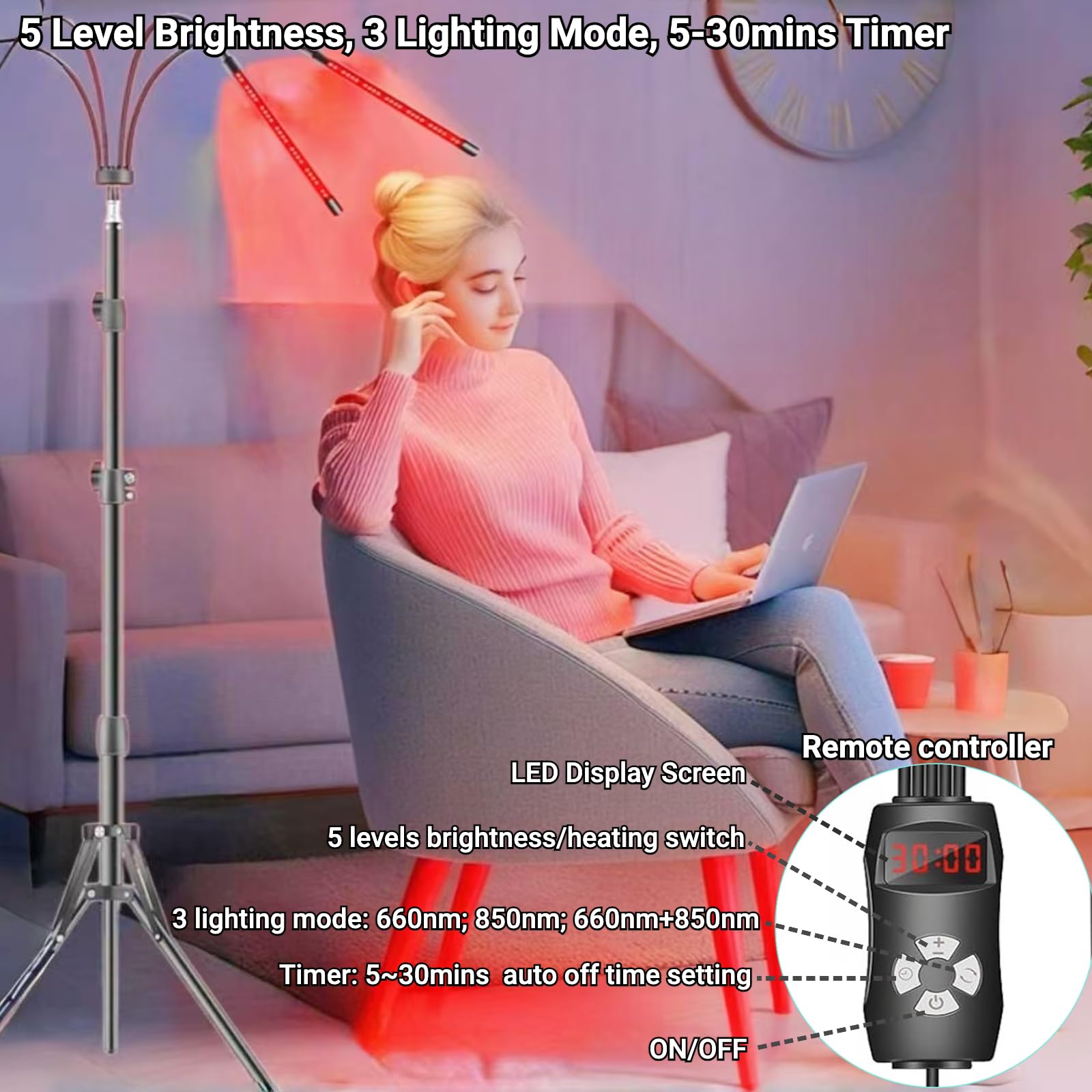 Lampa do terapii światłem czerwonym, 660 nm i 850 nm bliskie światło podczerwone do twarzy, pleców, ciała,łagodzenie bólu i przeciwstarzeniowe,120 sztuk LED czerwony panel świetlny ze statywem,timerem