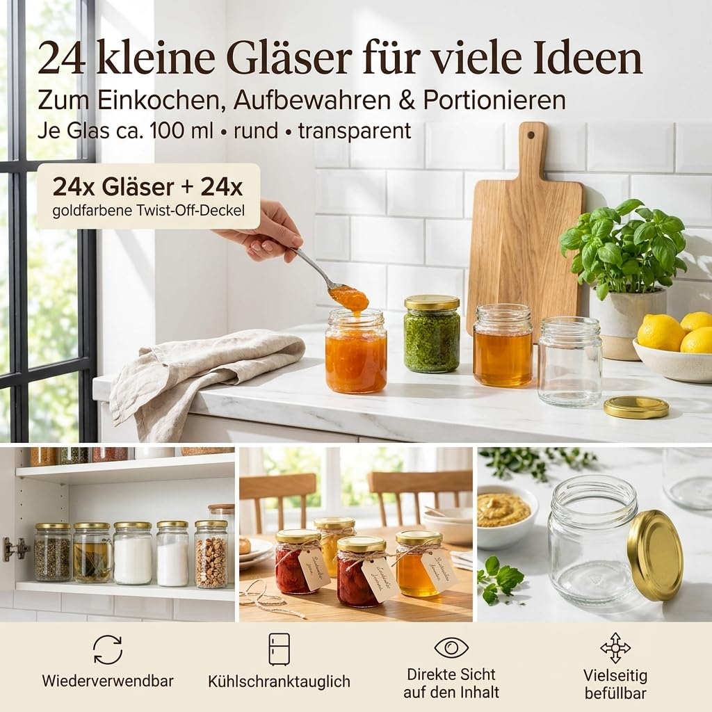 gouveo Zestaw 24 słoików na przetwory 100 ml, okrągłe, z zakręcanymi pokrywkami, w kolorze złotym – małe słoiki na zapasy z nakrętką – słoiki zakręcane do gotowania i przechowywania