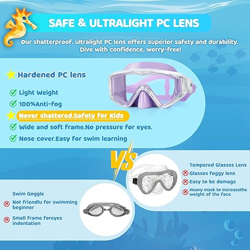 Miniatura 7 de Máscara de natación para niños, gafas de natación antivaho de 180° para niños, máscara de buceo, a prueba de fugas, con cubierta de nariz para niños