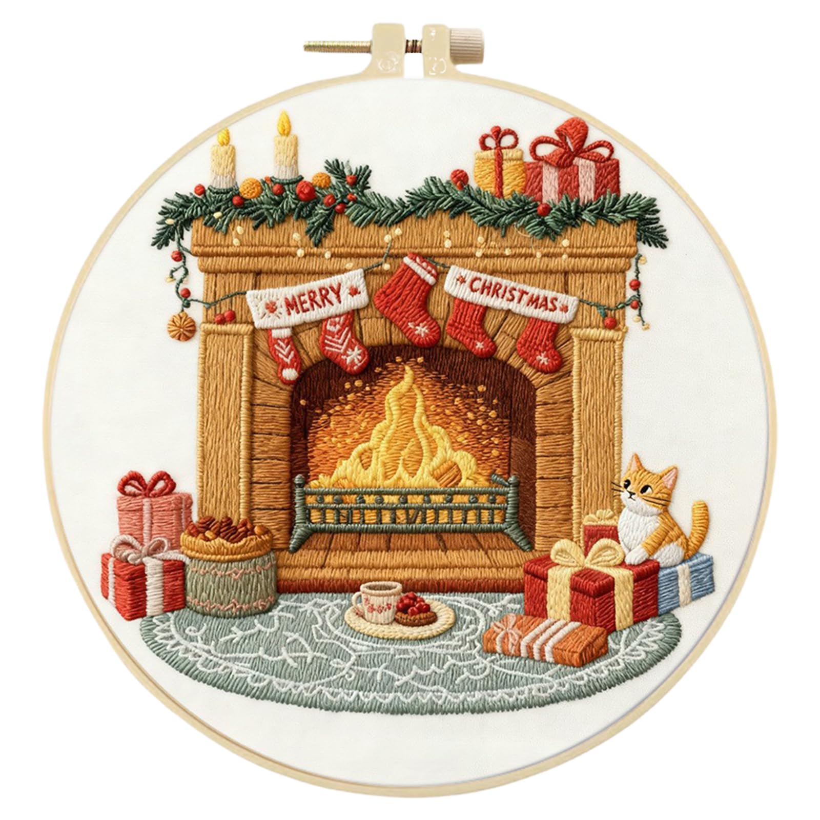 Christmas Fireplace Long Stitch DIY Embroidery Kit 29x29cm with Embroidery Hoop for Beginners Adults Gift