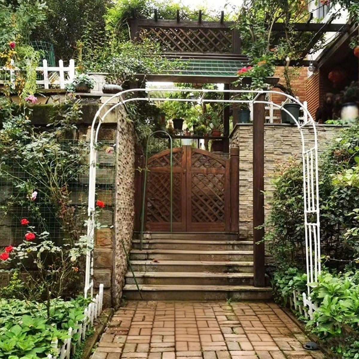 Robusto arco da giardino in metallo bianco, 150 x 320 cm di larghezza, resistente alle intemperie per piante rampicanti, supporto per rose, pergola ad arco decorativo per esterni (larghezza 180 cm x