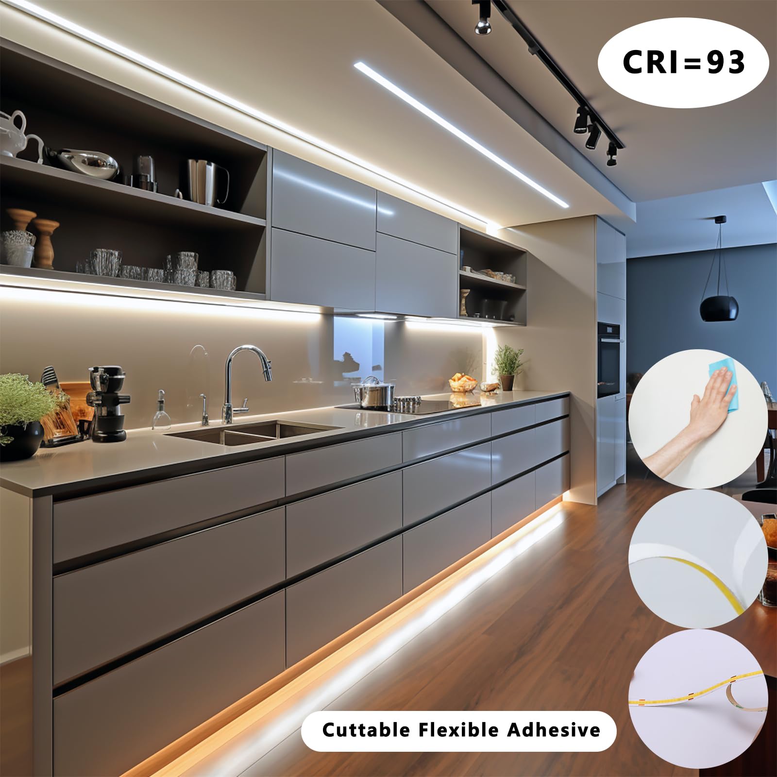 BENLUN 12V Ruban LED COB Cuisine Sous Meuble 10M, Bande LED 4000K Blanc Naturel Dimmable, Bandeau LED Connecté Adhésif CRI 93 avec Variateur et Alimentation, pour Dressing Escalier Placard