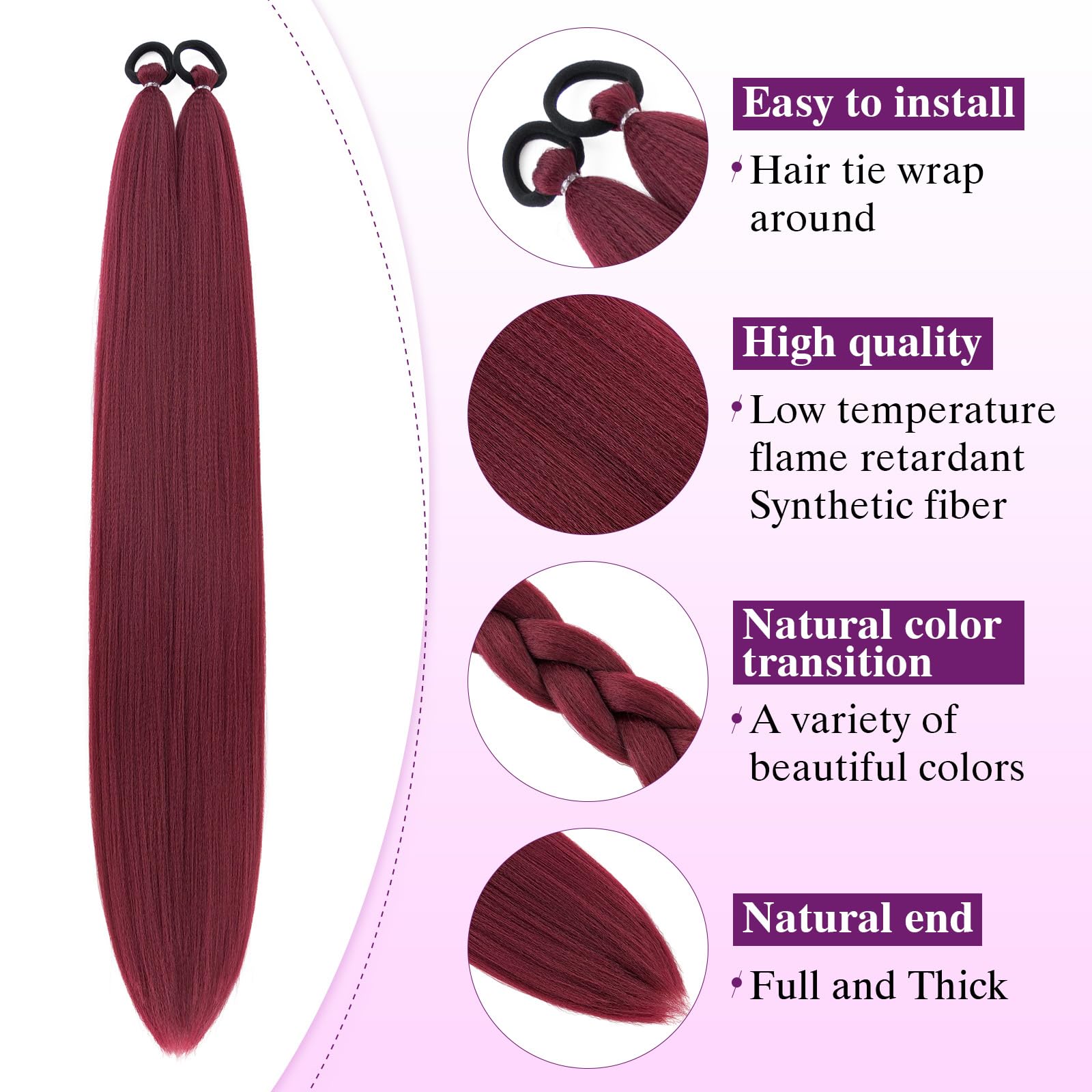 S-noilite Ombre Ponytail Hair Extensions with Hair Tie for Women Girls,Colored Synthetic Hairpiece Daily Party Costume DIY Braiding,26inch 2pcs,Wine Red - Image 3