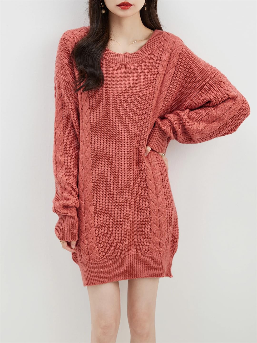 Disimlarl Damski sweter oversize, jesienno-zimowy, ciepły sweter z okrągłym dekoltem, długi rękaw, dzianinowy, długi sweter, wełniany sweter