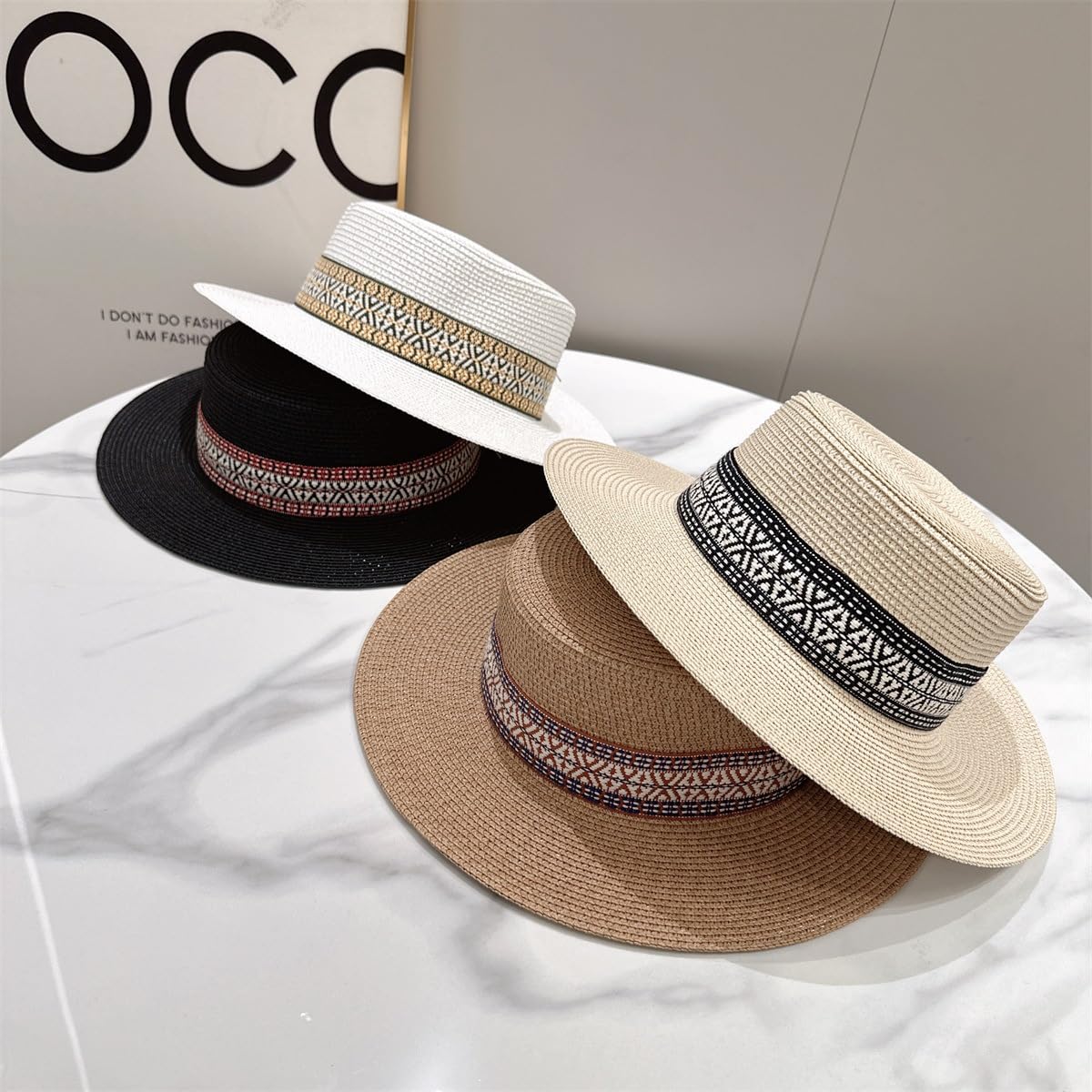 Sombrero de Paja Ajustable de Estilo Bohemio para Mujer,de Verano,con Parte Superior Plana,Transpirable,de ala Ancha,Ideal para Playa,Exteriores,Vacaciones y Viajes