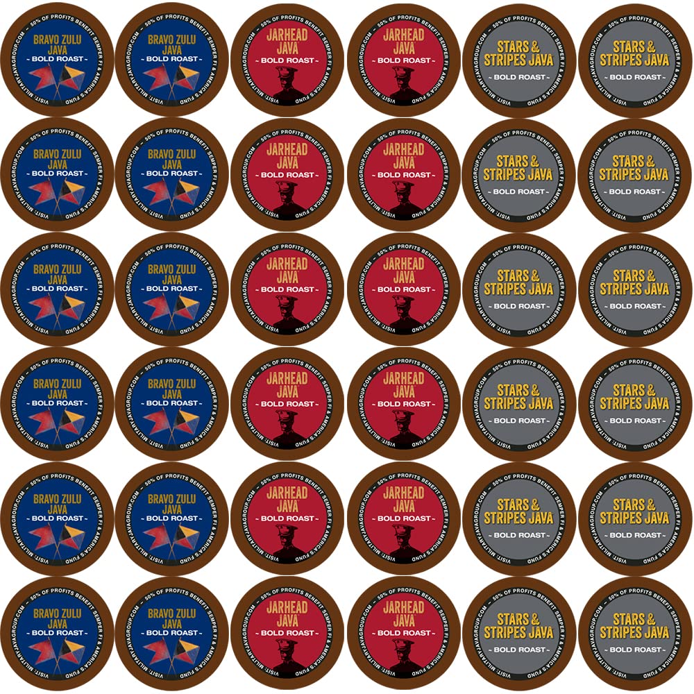 Coffee Pod (36) Variety Pack - Jarhead Java, Bravo Zulu Java, and Stars & Stripes Java