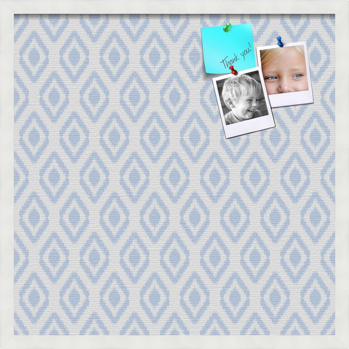 PinPix 24x24 inch Cork Bulletin Board. This Decorative Framed Pin Board Comes with Ikat Light Blue Design and a Satin White Frame Frame. Ideal for Home Office Decor (PinPix-1633)