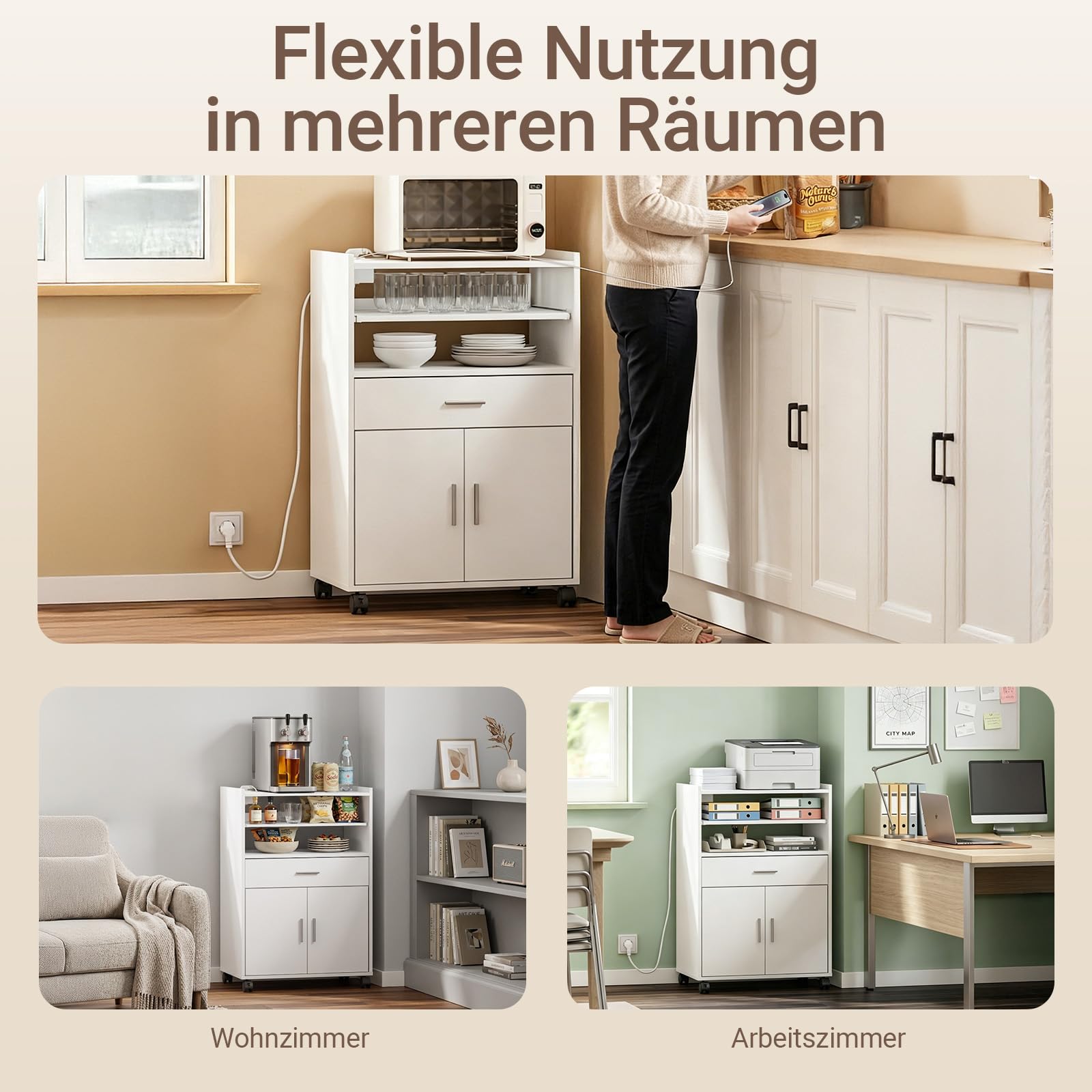SoBuy Mikrowellenschrank mit 4-in-1-Ladestation für Küche 61,5×40×92 cm | Küchenwagen mit Arbeitsplatte, flexibel mit 4 Rollen (2 feststellbar) oder 4 Standfüßen nutzbar, aus PB und MDF, FSB09-E-W
