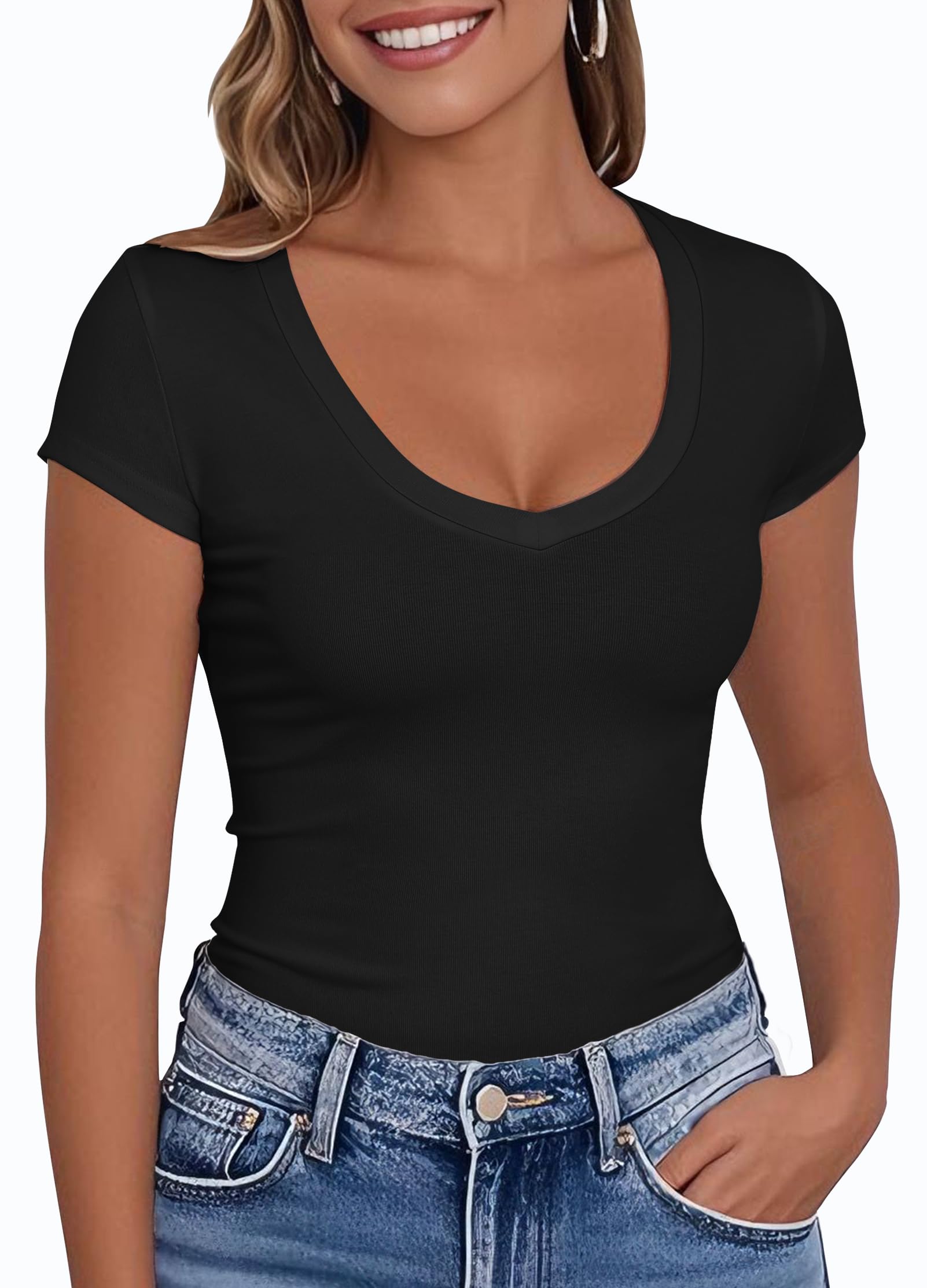 PALINDA Women's V Neck Fitted Shirts Basic Casual Stretchy T Shirt Short Sleeve Summer Tops