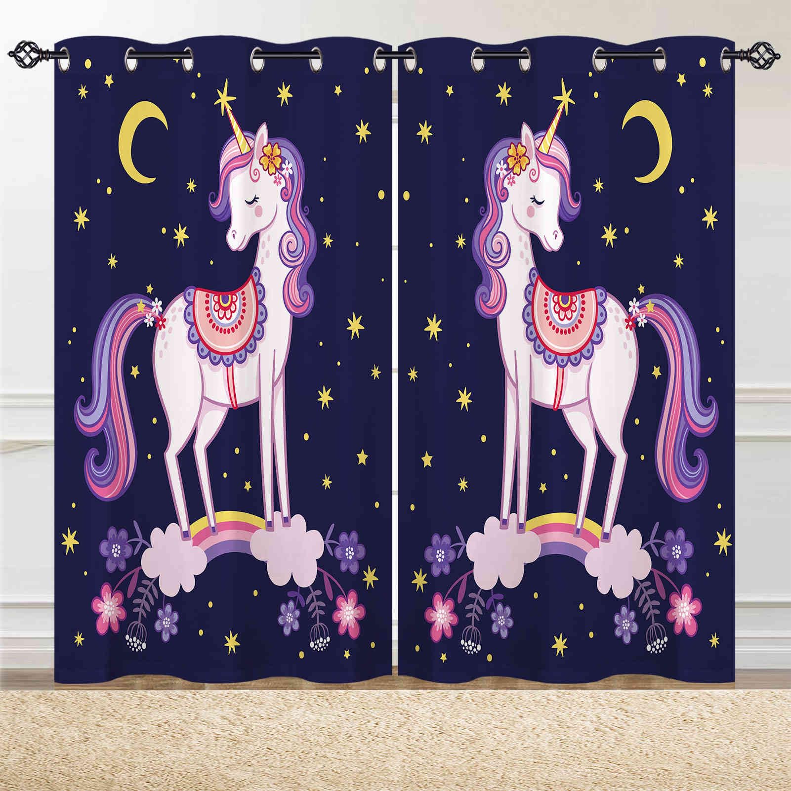 ANHOPE Einhorn Regenbogen Mond Stern Gardinen Blickdichte mit Ösen Kinder Mädchen Thermo Vorhänge Blackout Curtain Vorhang Wohnzimmer Schlafzimmer Verdunklungsvorhänge 2er Set H 200 x B 140 cm
