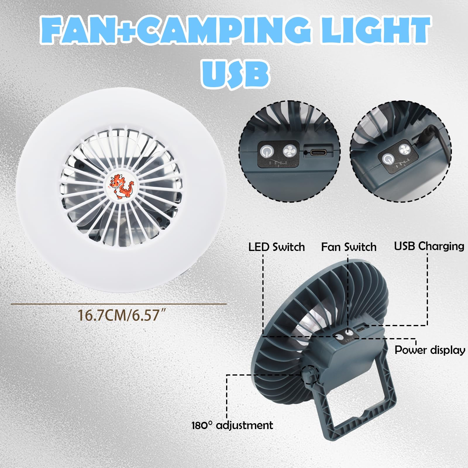 LED Campinglampe mit Ventilator USB Aufladbar, Zeltlampe Tragbar Campingleuchte con gancio e supporto, Notfallleuchte Camping Licht, Zeltventilator mit Aufhängehaken for Stromausfall, Angeln