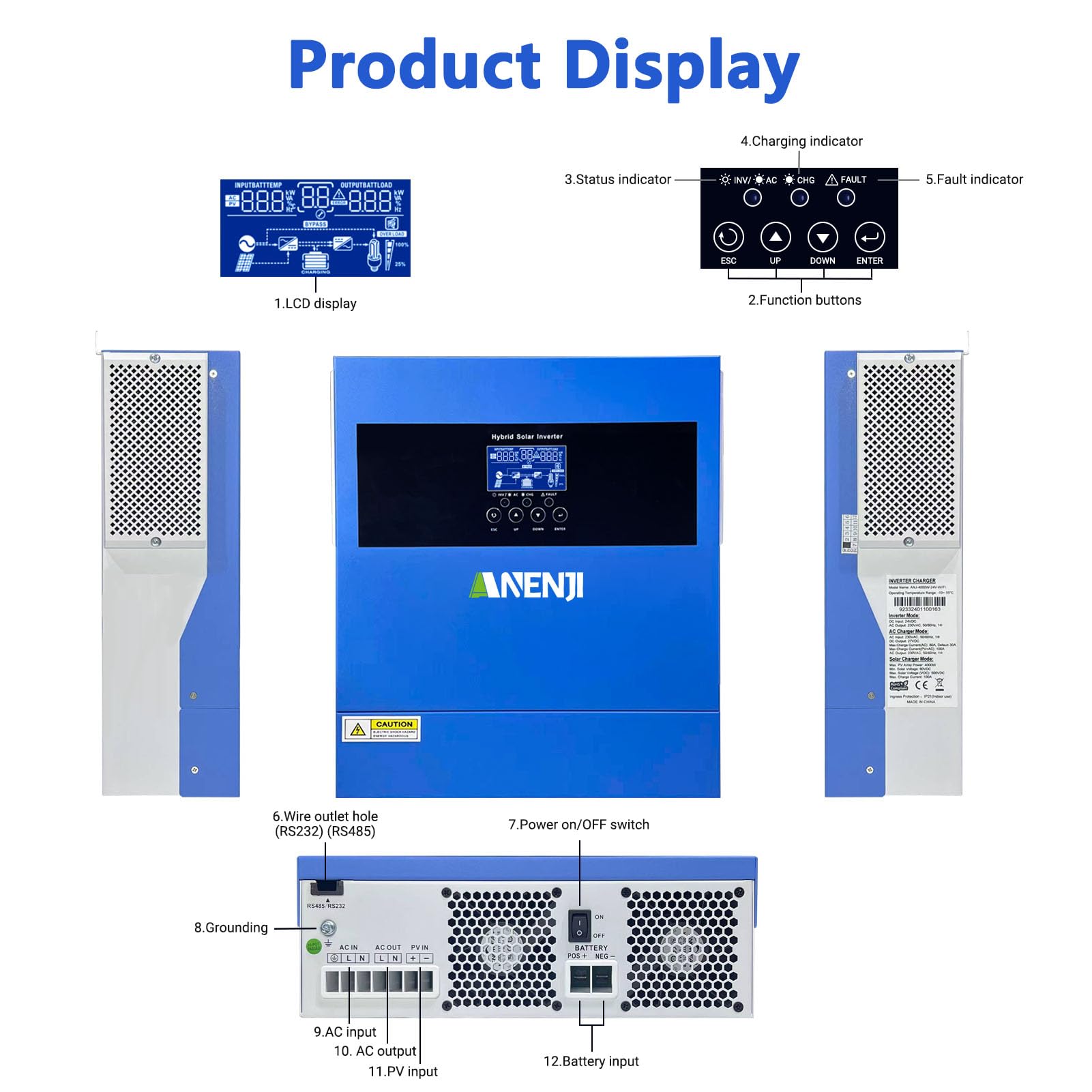 Inverter solare ibrido da 4,2 KW, 24 VDC a 230 VAC, inverter sinusoidale puro con regolatore di carica solare MPPT, tensione di ingresso max PV 500 V, per batterie al litio da 24 V, con