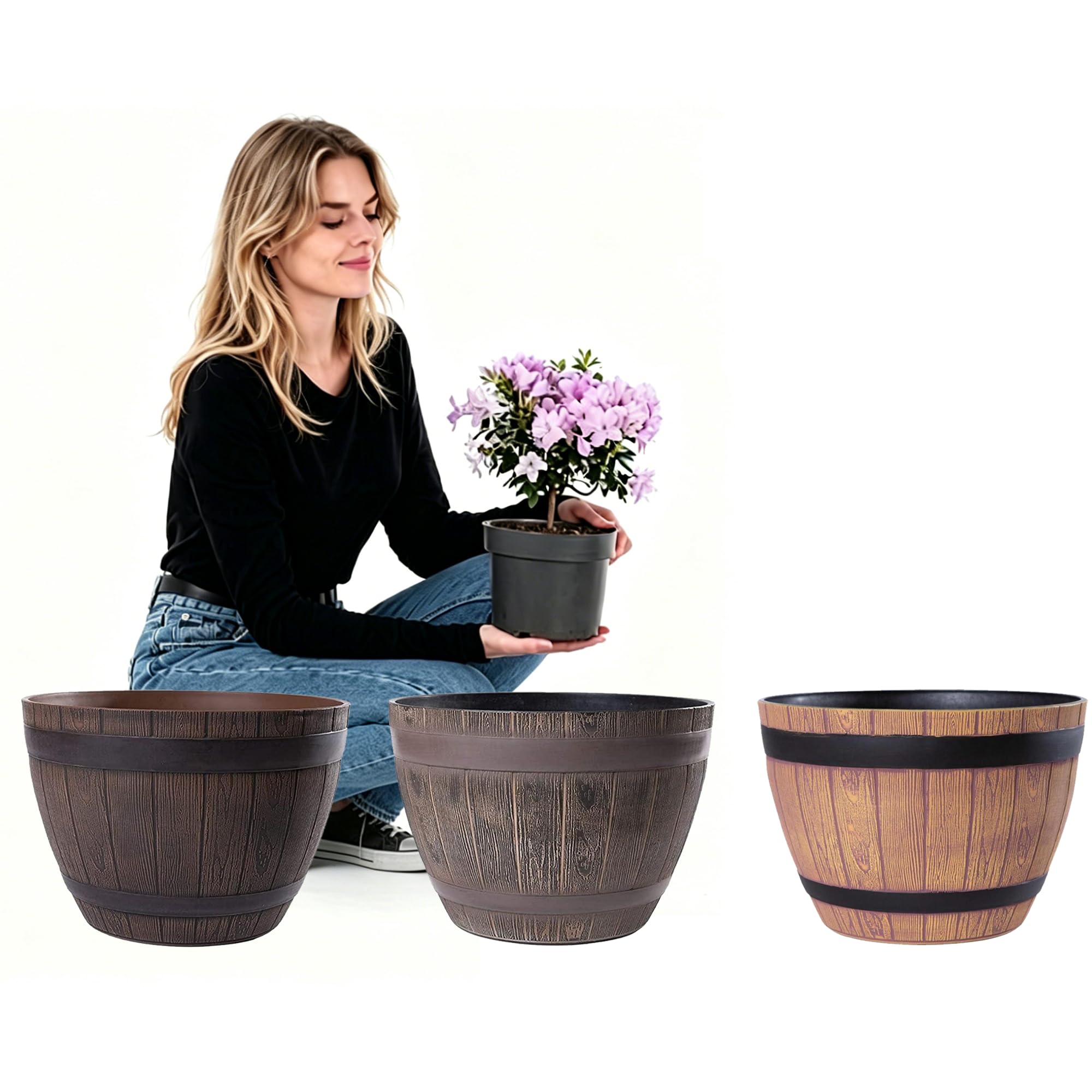 Pot de Fleur Extérieur en Plastique Imitation Bois – Design Tonneau – Ø38 cm – Léger, Résistant Gel & UV, Décoration Jardin & Balcon – Couleur Châtaigne