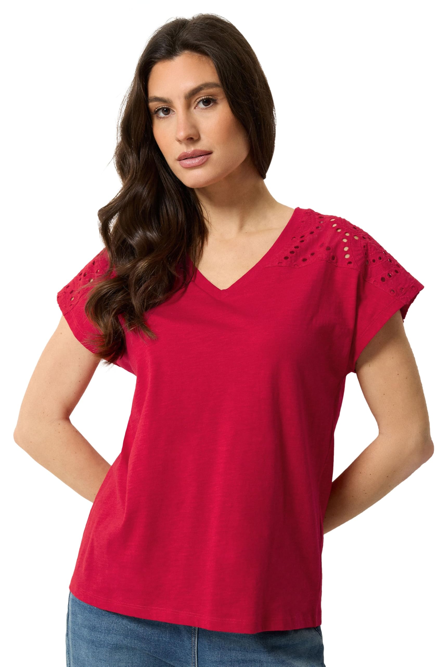 M&Co Women's Red Broderie V-Neck Cotton T-Shirt In | Size: 18