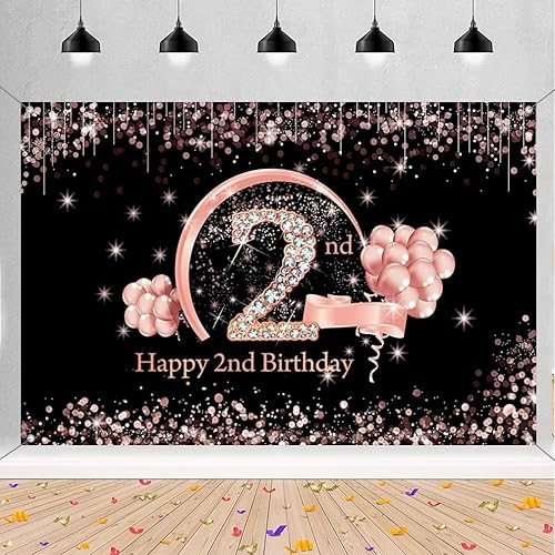 Tecreo Cartel de fondo de decoración de feliz segundo cumpleaños para niñas, negro y rosa, 59 x 35.4 pulgadas