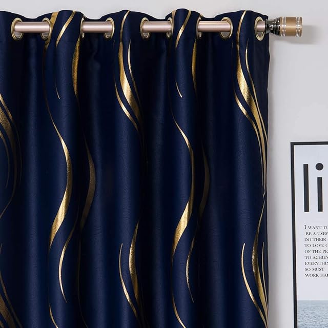 MYRU 2 Panels Set Luxury Striped Blackout Curtains for Bedroom Living Room (Navy and Gold,2 x 66x84 Inch)