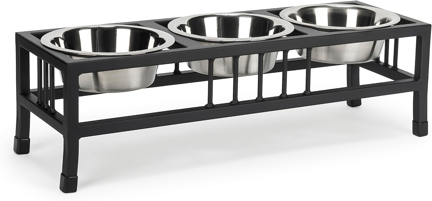 Baron Triple Bowl Diner - Raised Pet Feeder, Black - 3 Bowl Cat & Dog Stand - Metal - Best 2 Qt Stainless Bowls - 8 Tall - Elevated Stainless Steel - Multi Pet Feeder