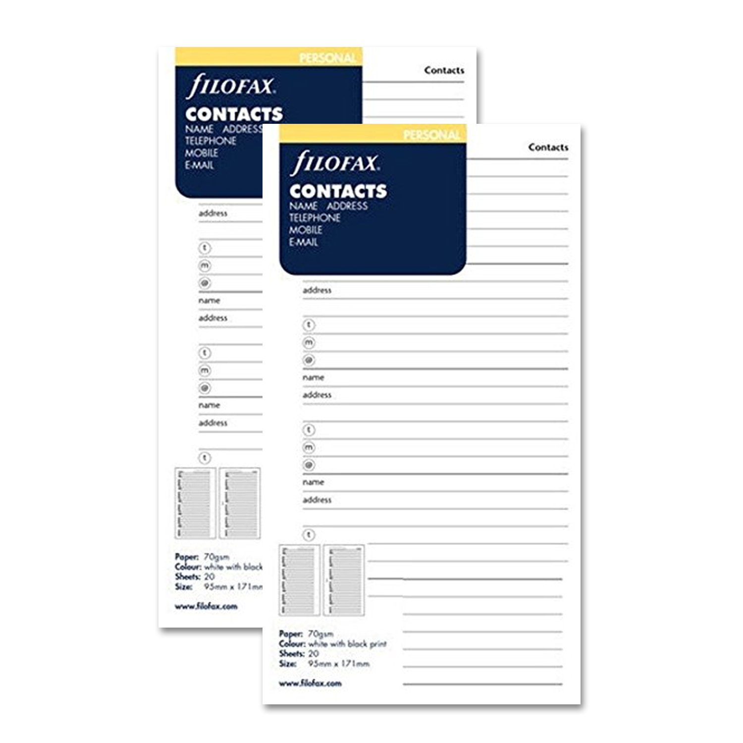Filofax Personal Twin Pack, Name, Address, email, Telephone, fax, Mobile (130201) x 2