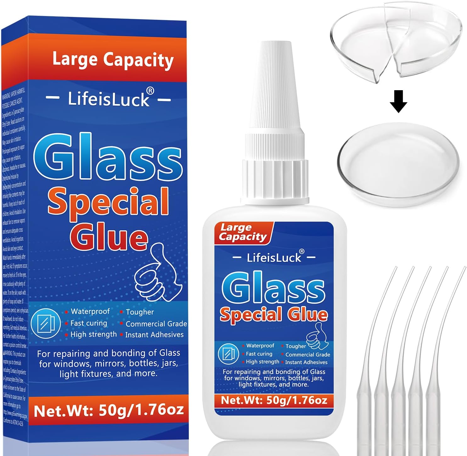 50g Large Glass Glue, Waterproof Adhesive for Glass Repair - Super Quick Clear, Heavy Duty Acrylic Glue for Invisible Repair of Mirrors, Crystals, Jewelry, Rhinestones, Crafts