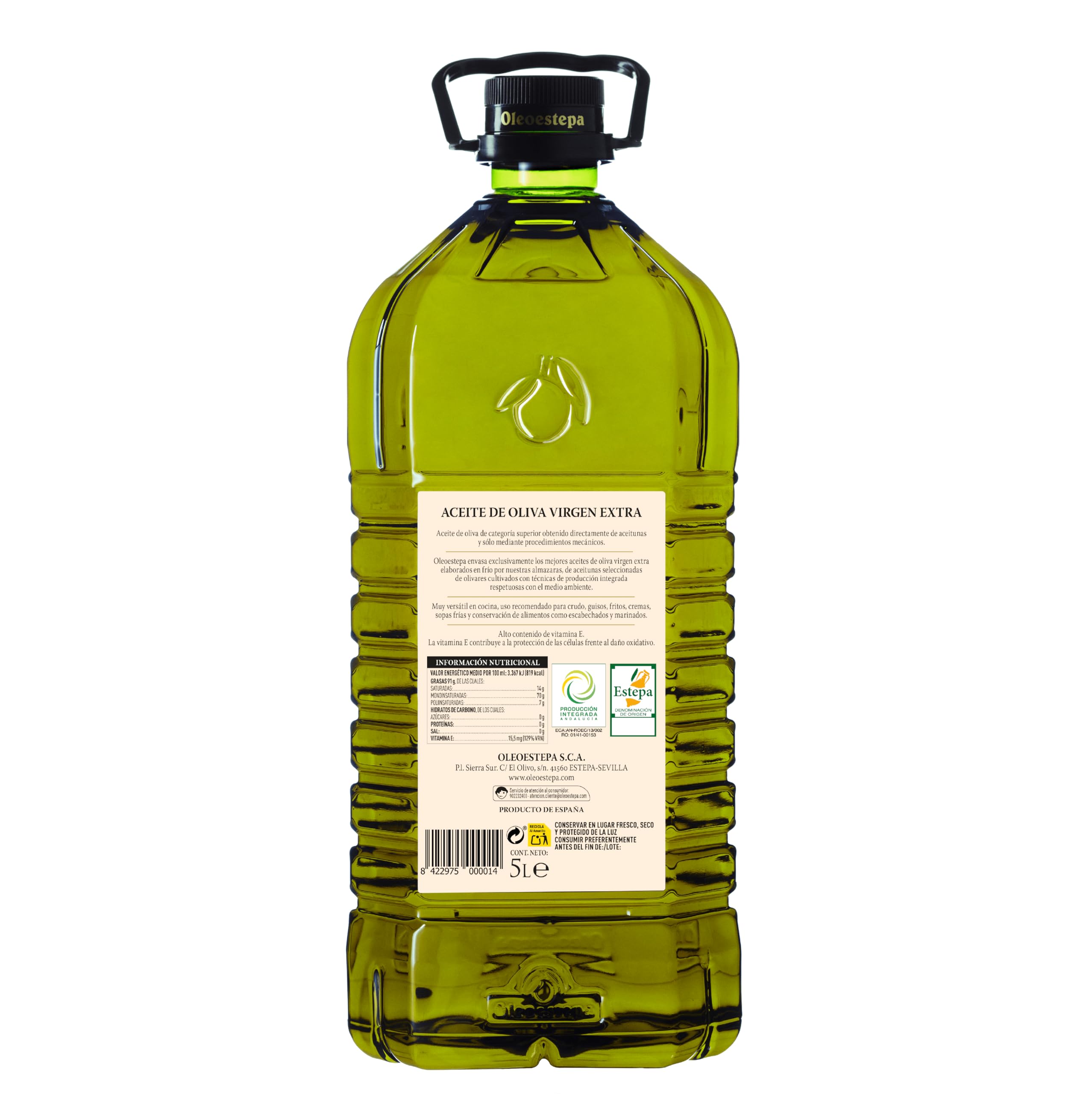 Oleoestepa - Aceite de Oliva Virgen Extra 5L –- Pack 3x5L –- DOP Estepa – Extracción en Frío – Variedades de la Comarca– Producción Sostenible –Frituras, Guisos, Sopas Frías y Escabeches.