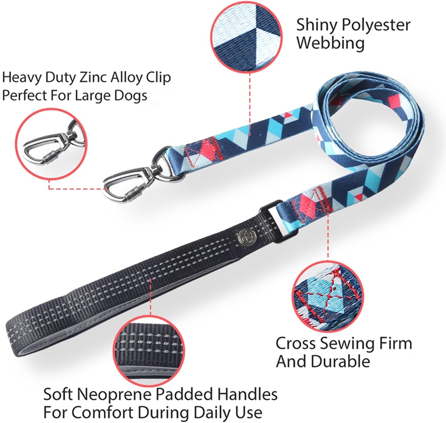 Everking Dog Leash and Collar Set with Metal Buckle, Suitable for Large Dogs Weighing 21-40kg,Memphis Geometric Pattern Design Style, Flexible Webbing, Nylon Handle, Adjustable (Iris, L)