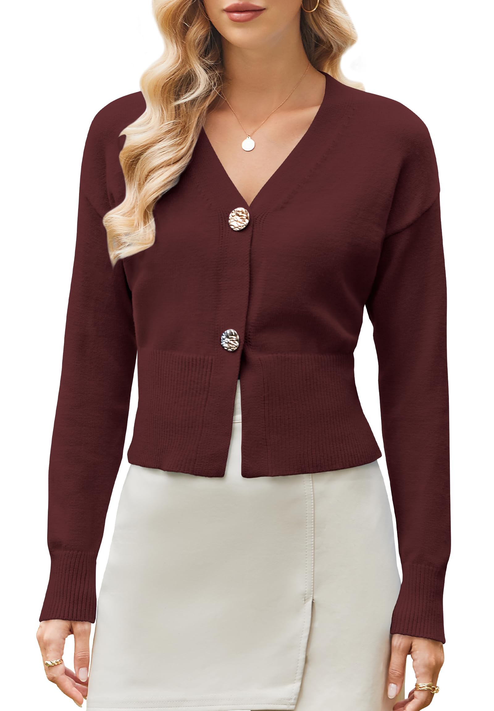 Women V Neck Cropped Cardigan Sweaters Fitted Long Sleeve Fall Button Up Chunky Knit Cardigans Shrugs