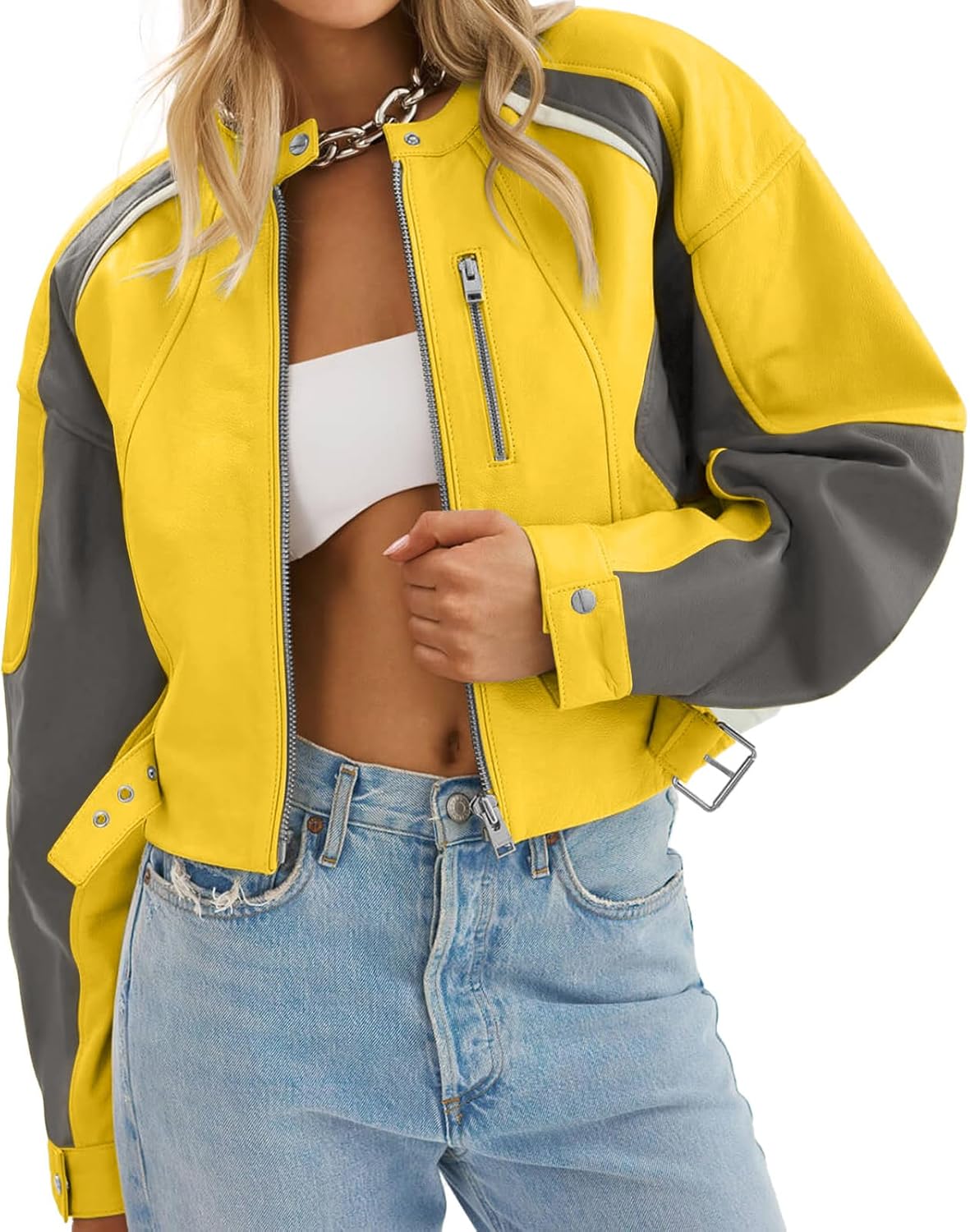 Tankaneo Womens Faux Leather Bomber Jackets Cropped Zip Up Color Block Fall Casual Moto Biker Coats