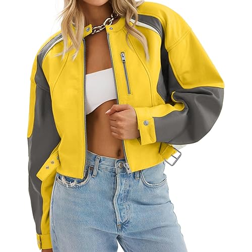 Tankaneo Womens Faux Leather Bomber Jackets Cropped Zip Up Color Block Fall Casual Moto Biker Coats