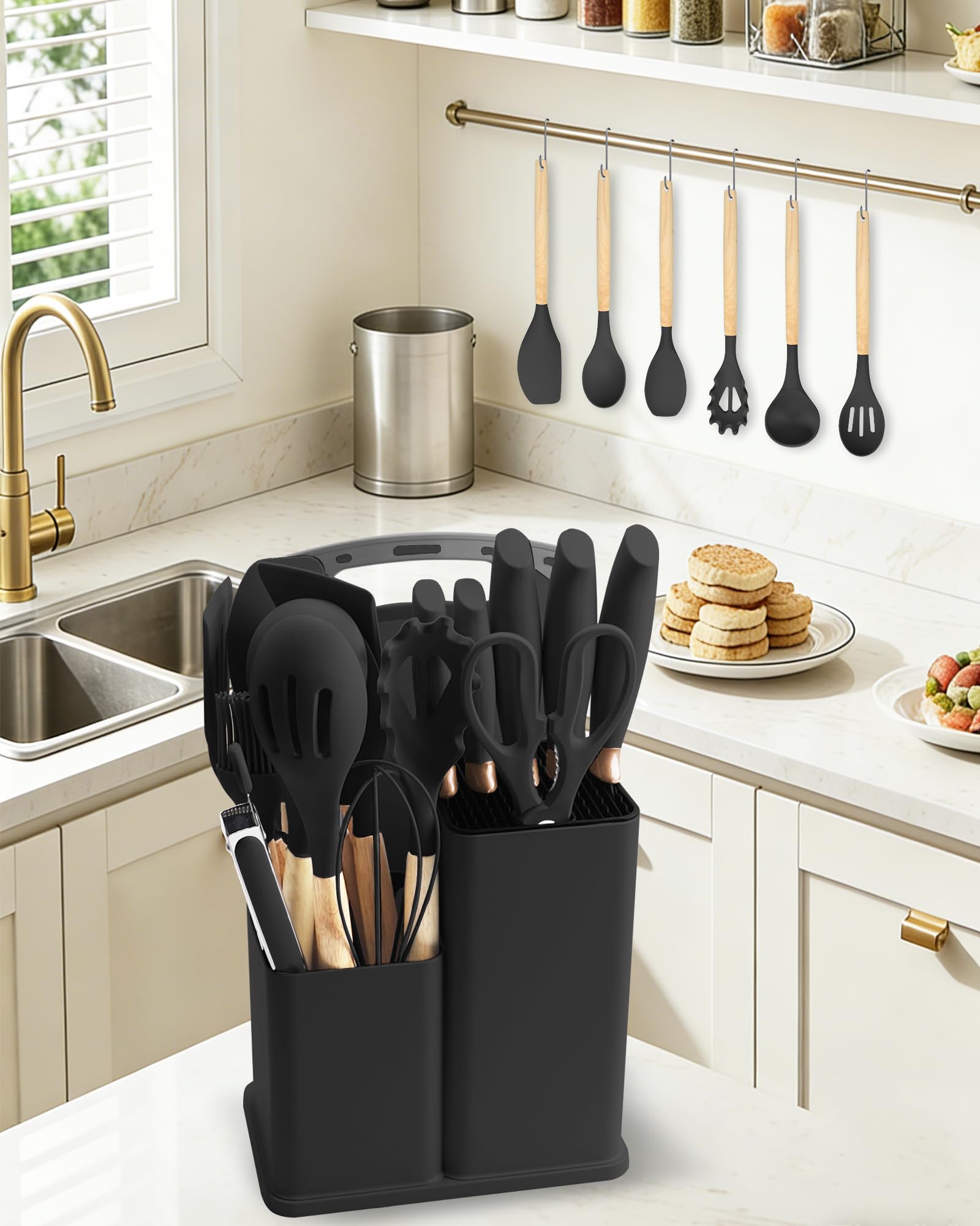 19 Pezzi Set di Coltelli da Cucina - Utensili da Cucina in Silicone con 5 Coltelli per Pentole Antiaderenti, con Scatola di Stoccaggio