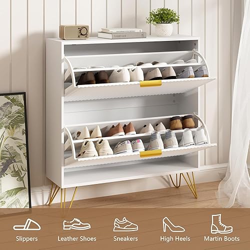 Miniatura 8 de Armario de almacenamiento de zapatos con 2 cajones abatibles, gabinete de zapatos estriado de 31.5 pulgadas de ancho para entrada, almacenamiento