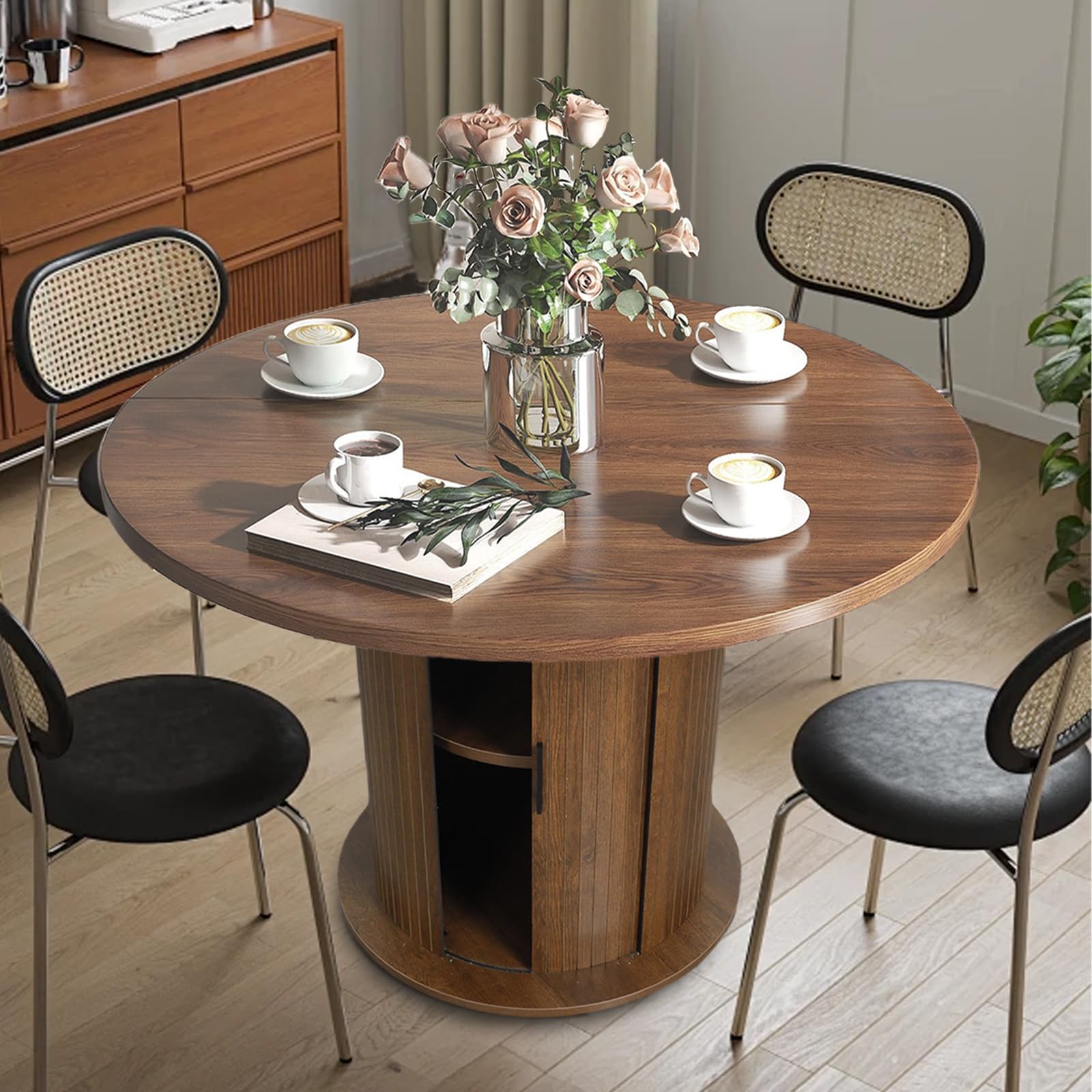 YICORPS 47" Round Dining Table for 4-6, Kitchen Table Dinner Table with 2-Layer Hidden Storage and Wood Slide Door,Space Saving for Small Spaces,