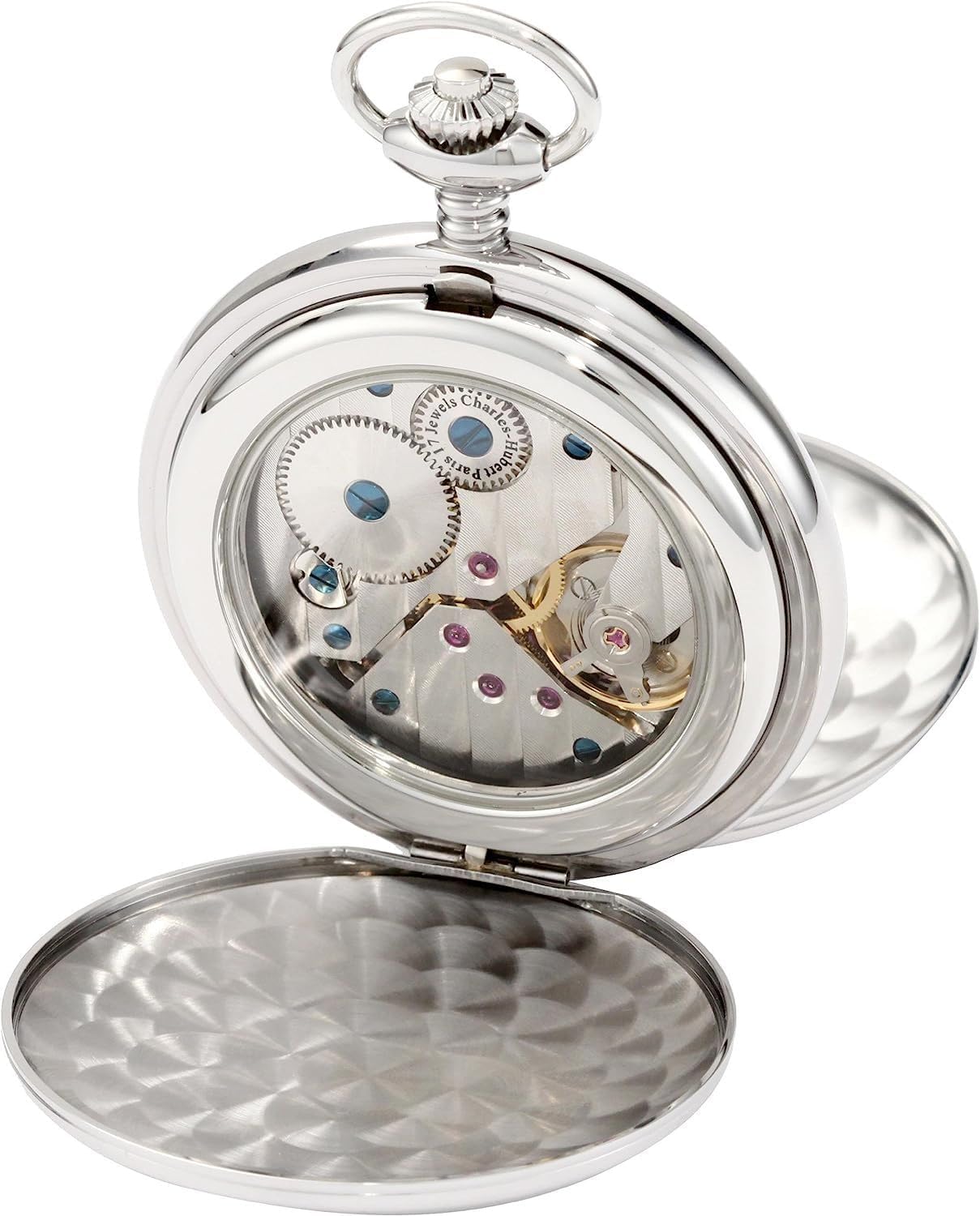 Charles-Hubert, Paris 3907-WR Premium Collection Stainless Steel Polished Finish Double Hunter Case Mechanical Pocket Watch
