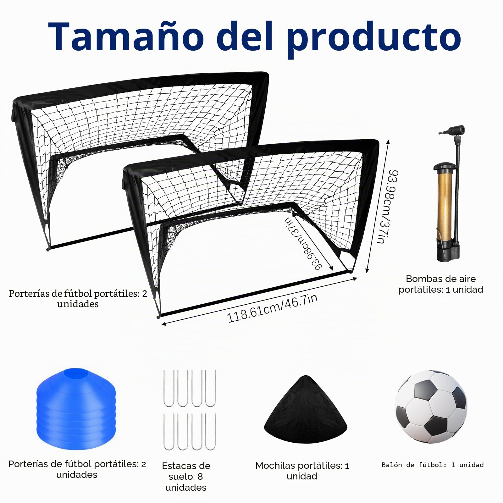 Portería de fútbol plegable 2 unidades con barras de fibra de vidrio y bolsa de transporte