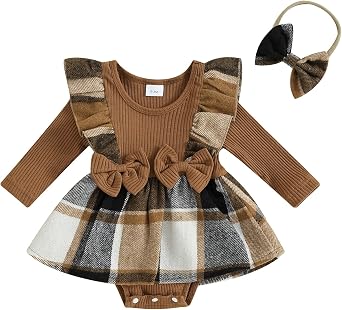 Madjtlqy Newborn Baby Girl Fall Winter Outfit Set Plaid Romper Dress Ruffles Long Sleeve Clothes Jumpsuit with Bow Headband