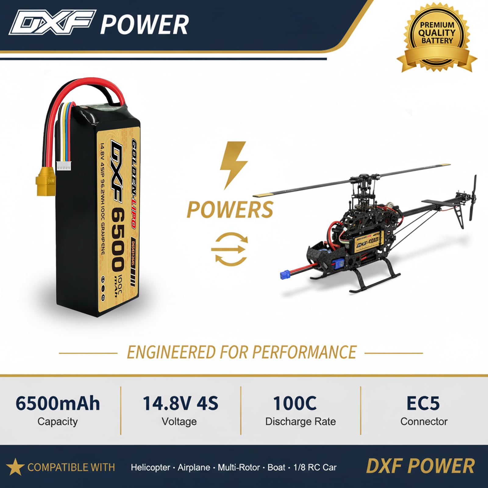 DXF Batteria 4S LiPo 14,8 V 6500 mAh 100 C XT90 – RC Lipo batteria 4S per auto, aeroplano, elicottero, barca, batteria ai polimeri di litio, confezione da 2 pezzi