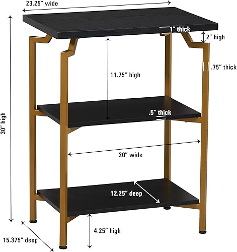 Miniatura 3 de Household Essentials Crown Narrow Estantería de almacenamiento abierta de 3 estantes, grano de madera de roble negro y metal dorado