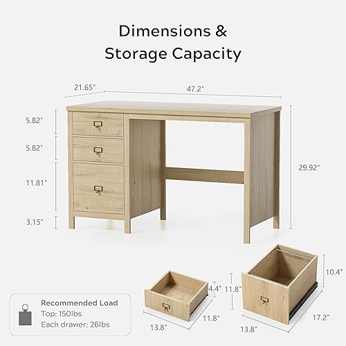 Miniatura 2 de Escritorio ejecutivo de 47 pulgadas con cajones, escritorio moderno de madera para oficina en casa con cajón de archivos, escritorio de computadora