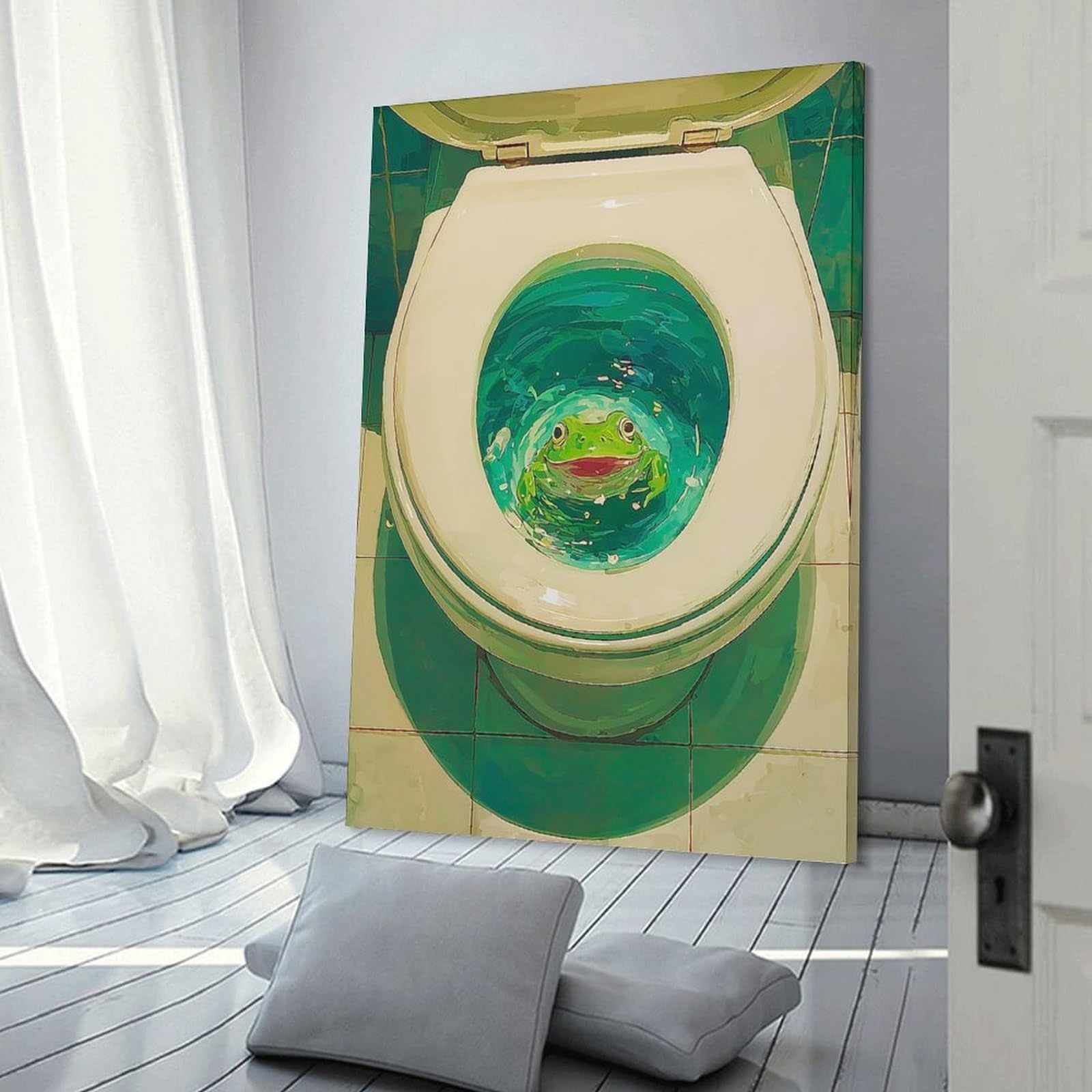 Junmoney Frame-Style-7 Frog In Toilet Bowl Wall Art Print, 16X24inch(40X60cm), For Living Room, Bedroom, Office Or Hallway, A Flexible Wall Accent For Shared Spaces